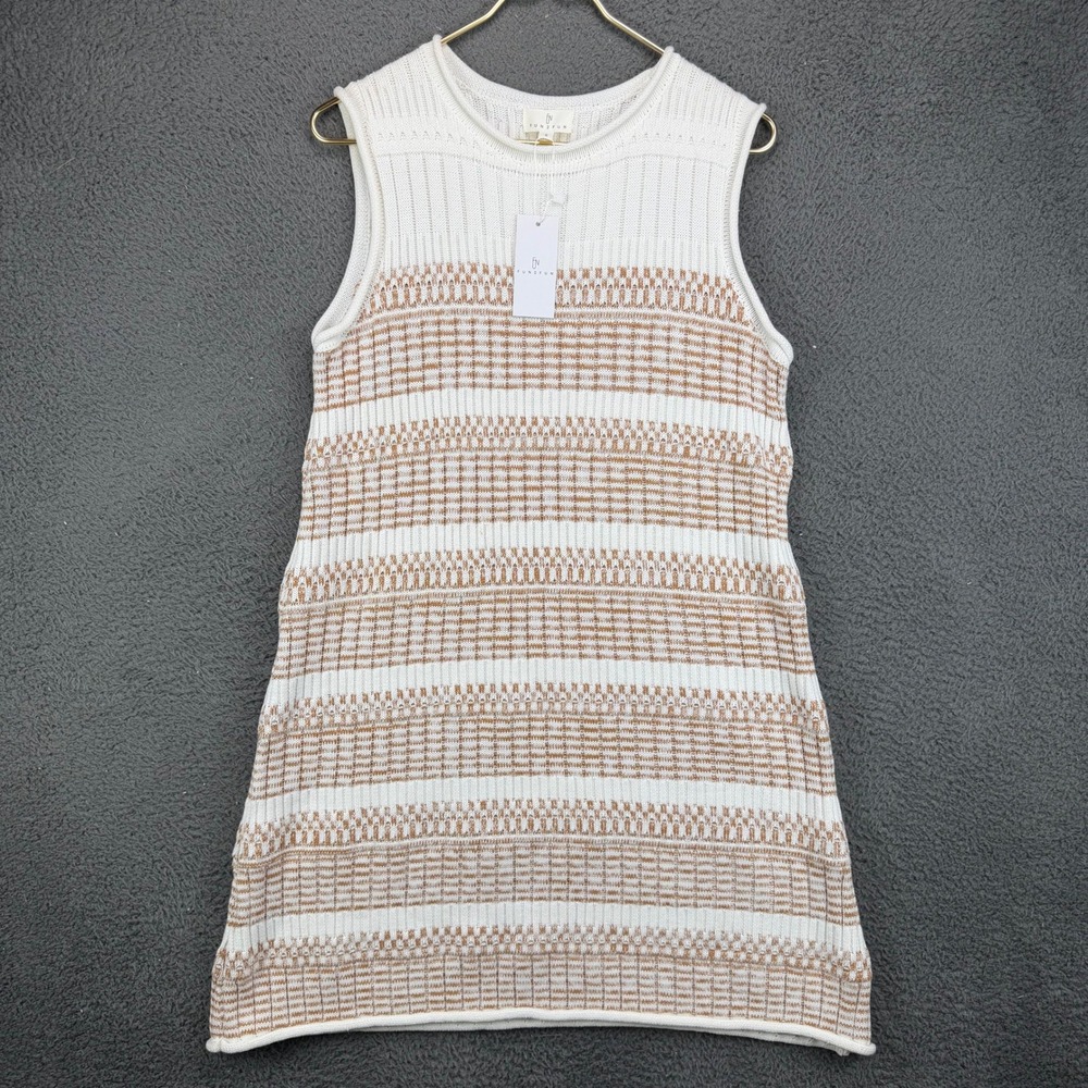 Fun 2 Fun Womens Small White Brown Striped Knit Sleeveless Mini Dress NWT